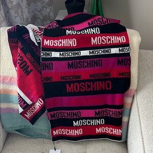 Moschino Black and Pink Logo wool Scarf